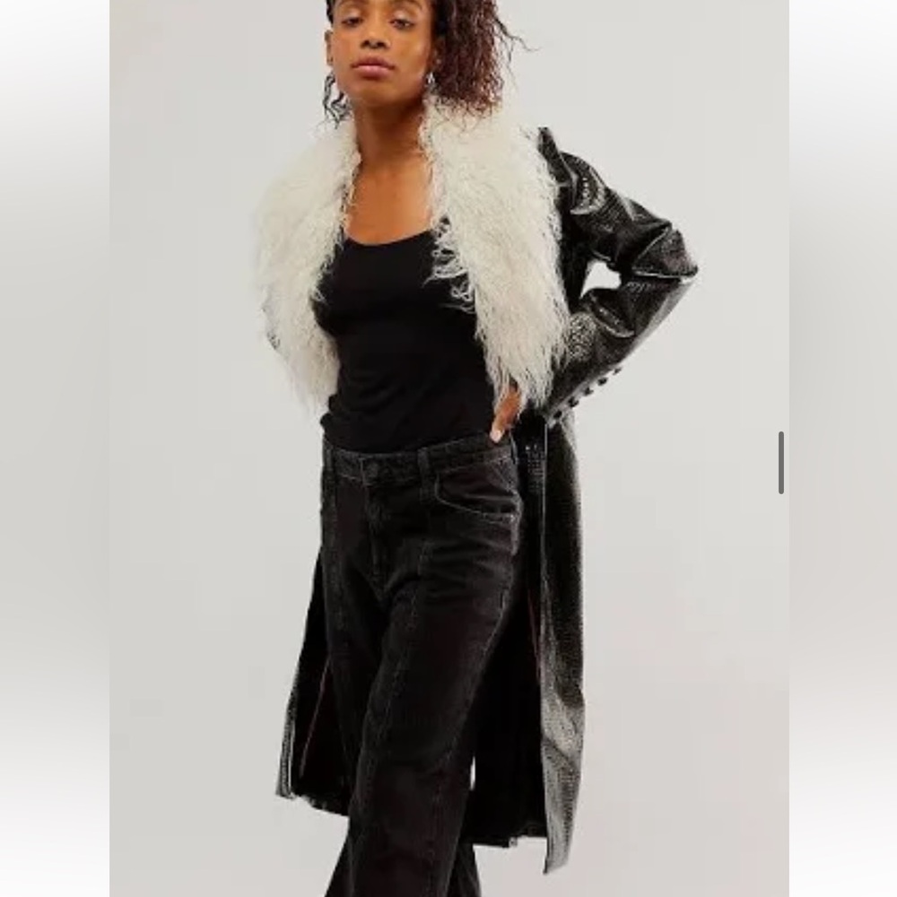 Free People Vegan Midnight Train Duster in black with a white faux fur collar